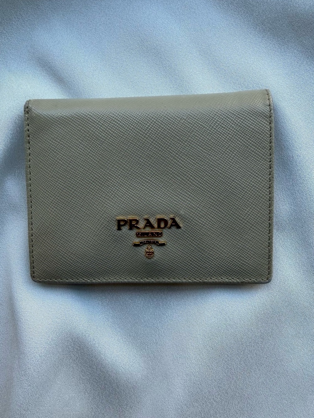 Prada Saffiano Leather Card Holder in Light Gray with Gold Logo